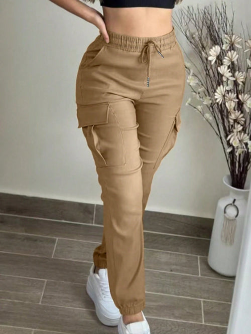 Fashion Solid Color Casual Loose Drawstring Waist Cargo Pants Spring
