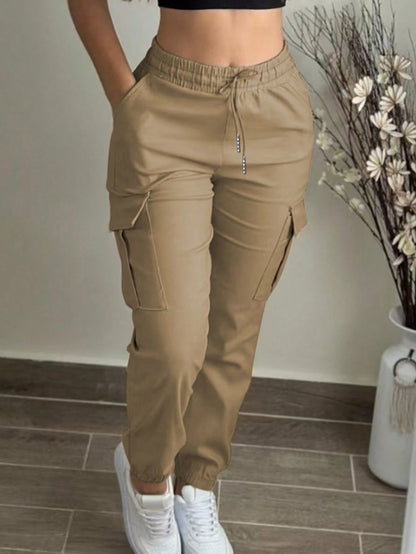 Fashion Solid Color Casual Loose Drawstring Waist Cargo Pants Spring