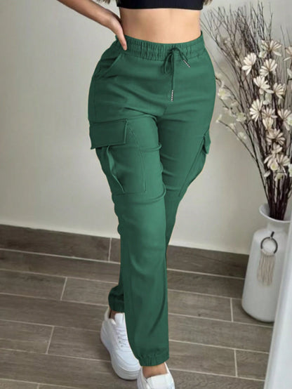 Fashion Solid Color Casual Loose Drawstring Waist Cargo Pants Spring