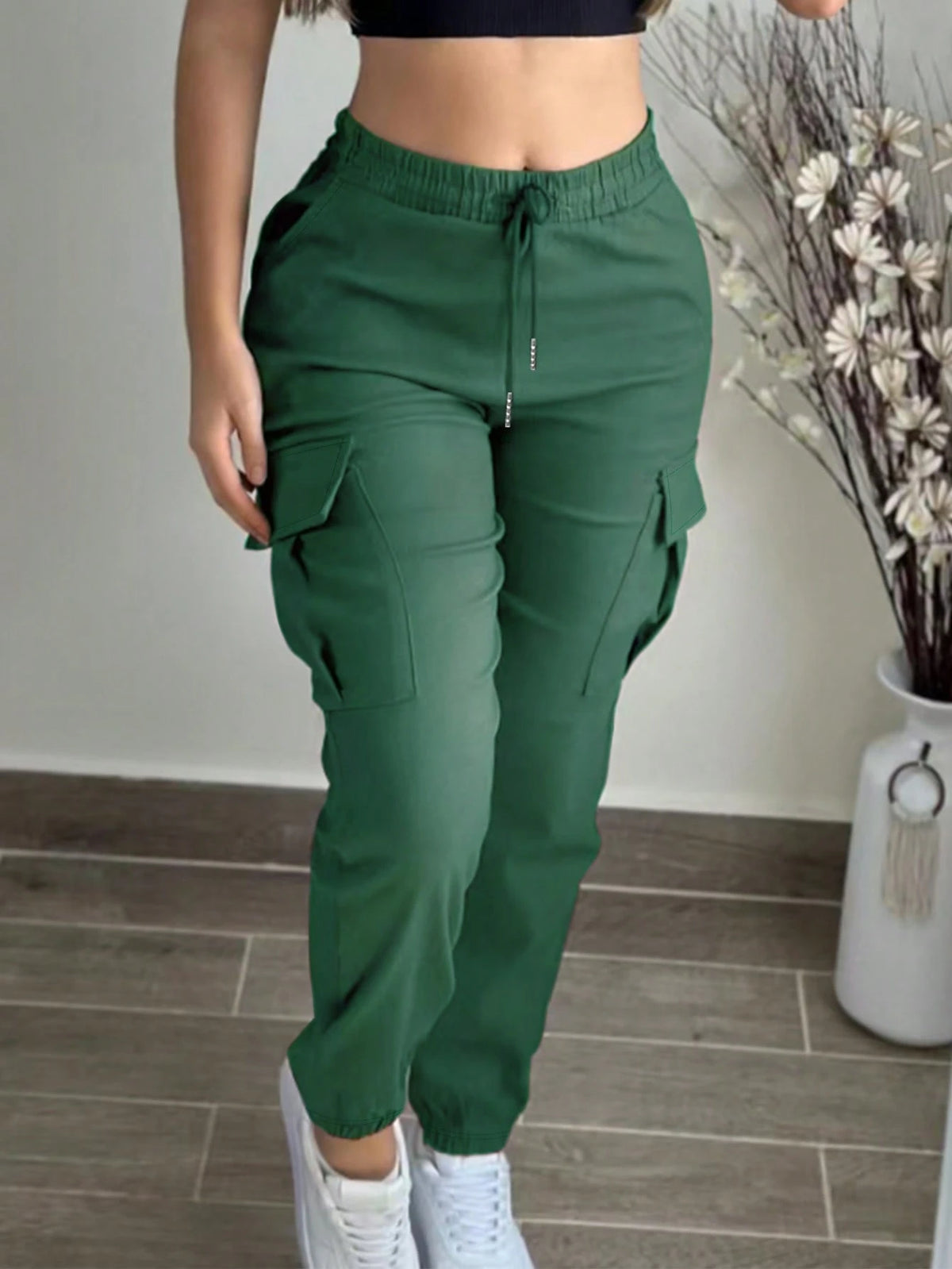 Fashion Solid Color Casual Loose Drawstring Waist Cargo Pants Spring