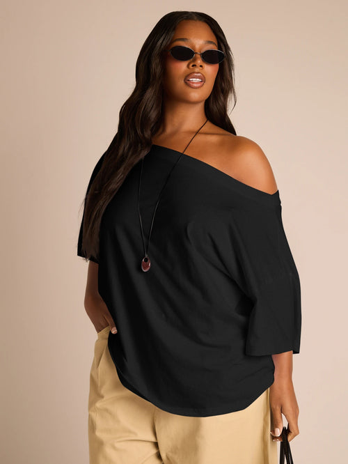 FASHION SZN Plus Size Ladies 100% Cotton Oversized Drop Shoulder T Shirt Casual Off Shoulder White Top Loose Fit Plus Size Summer Outfit Vacation Everyday Basics Airport Travel City Break Smart Elegan