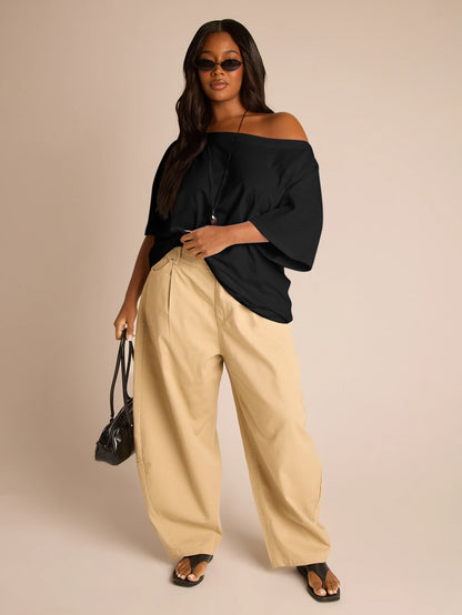 FASHION SZN Plus Size Ladies 100% Cotton Oversized Drop Shoulder T Shirt Casual Off Shoulder White Top Loose Fit Plus Size Summer Outfit Vacation Everyday Basics Airport Travel City Break Smart Elegan