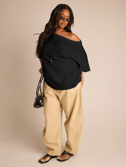 FASHION SZN Plus Size Ladies 100% Cotton Oversized Drop Shoulder T Shirt Casual Off Shoulder White Top Loose Fit Plus Size Summer Outfit Vacation Everyday Basics Airport Travel City Break Smart Elegan