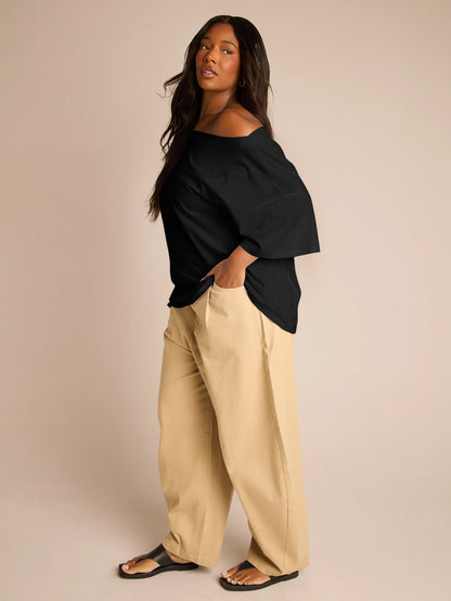 FASHION SZN Plus Size Ladies 100% Cotton Oversized Drop Shoulder T Shirt Casual Off Shoulder White Top Loose Fit Plus Size Summer Outfit Vacation Everyday Basics Airport Travel City Break Smart Elegan