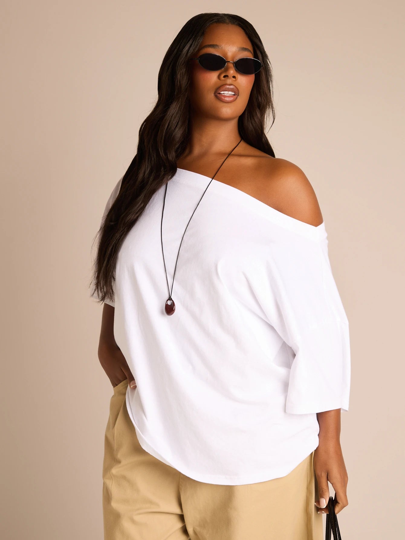 FASHION SZN Plus Size Ladies 100% Cotton Oversized Drop Shoulder T Shirt Casual Off Shoulder White Top Loose Fit Plus Size Summer Outfit Vacation Everyday Basics Airport Travel City Break Smart Elegan