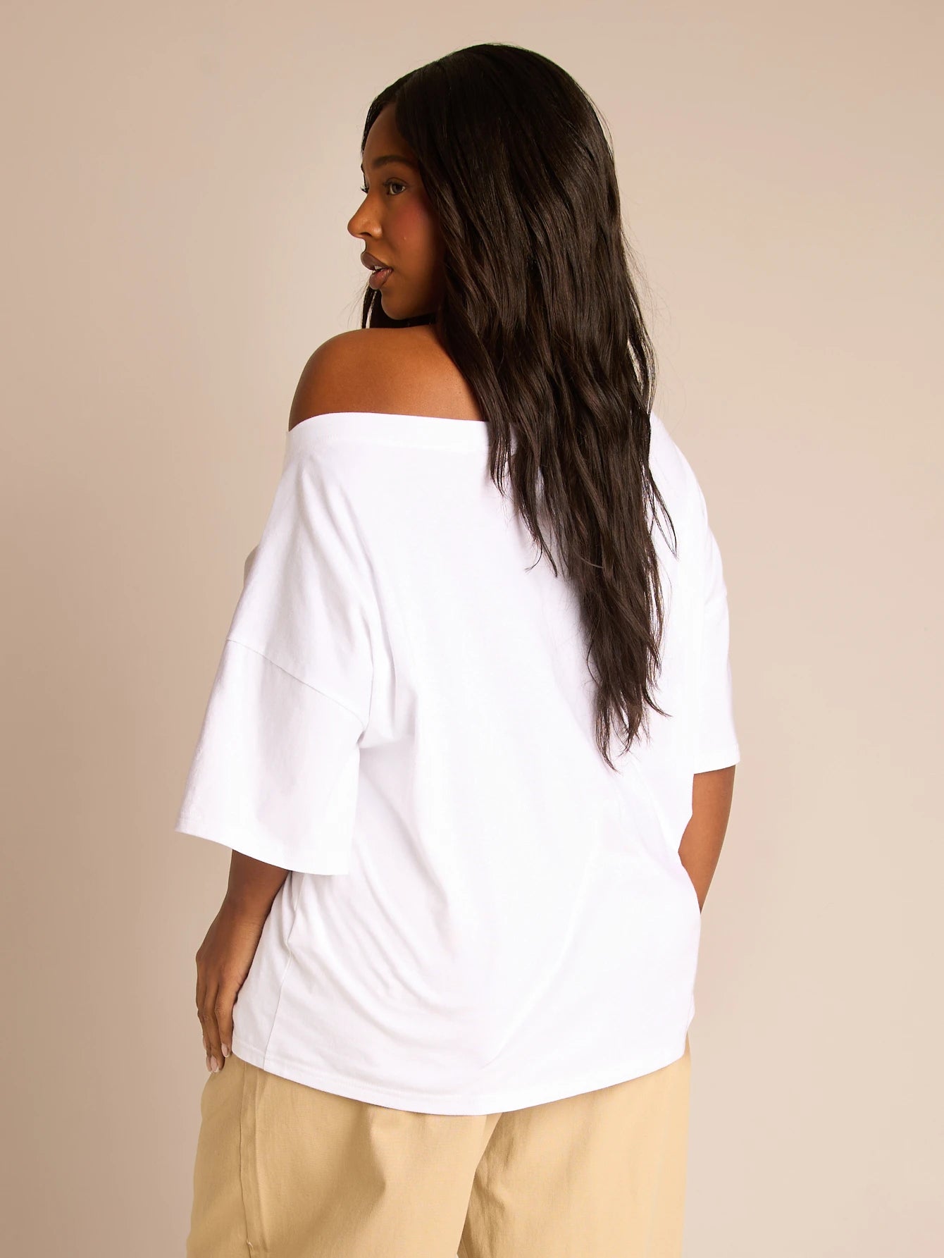 FASHION SZN Plus Size Ladies 100% Cotton Oversized Drop Shoulder T Shirt Casual Off Shoulder White Top Loose Fit Plus Size Summer Outfit Vacation Everyday Basics Airport Travel City Break Smart Elegan