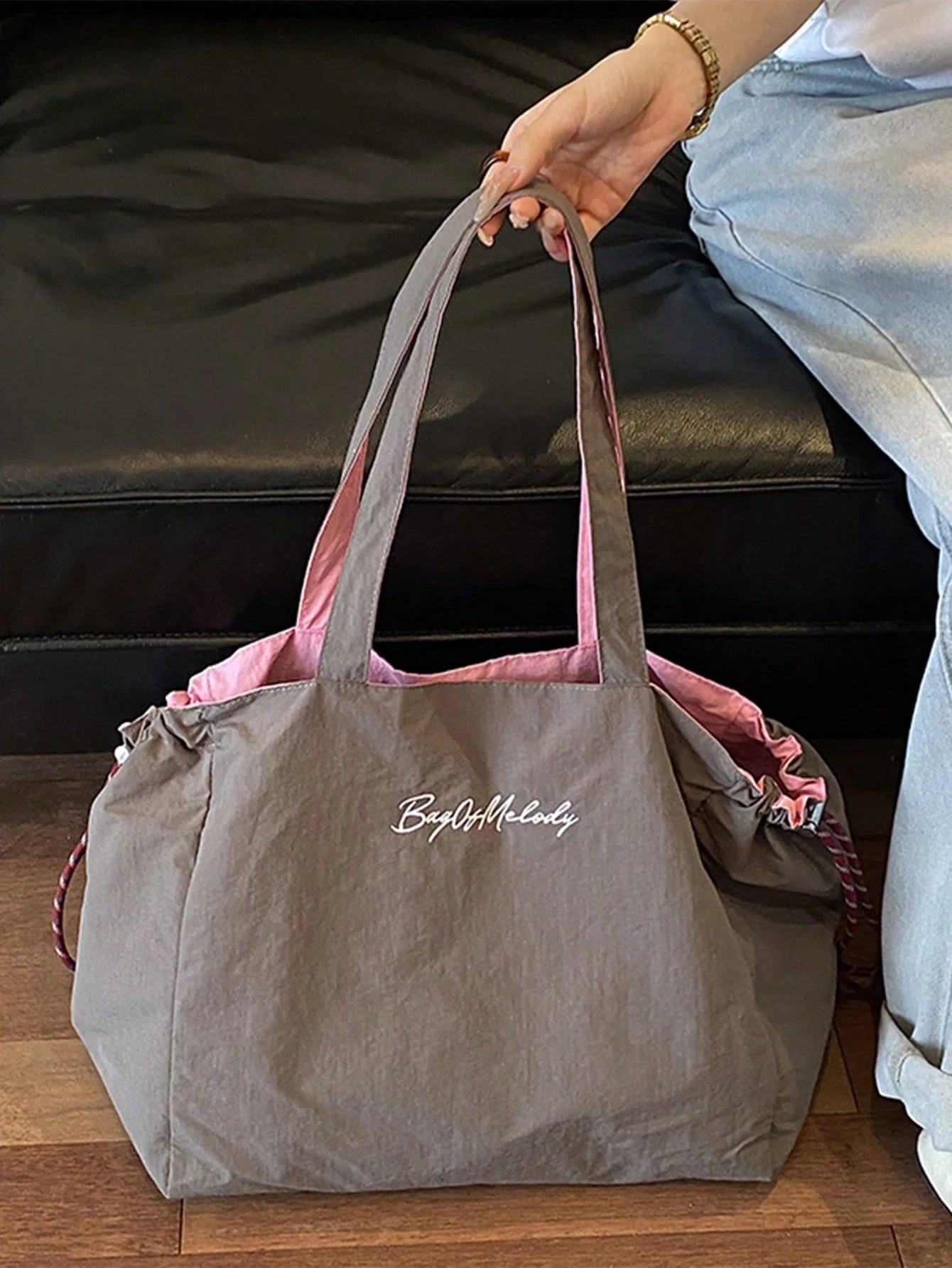 Fashionable Contrast Color Nylon Embroidered Letter Decor Tote Bag, Large Capacity Drawstring Design, Shoulder Bag Canvas Bag, Reversible Use, Japanese Casual Style Women's Commuter Bag, Lightweight F