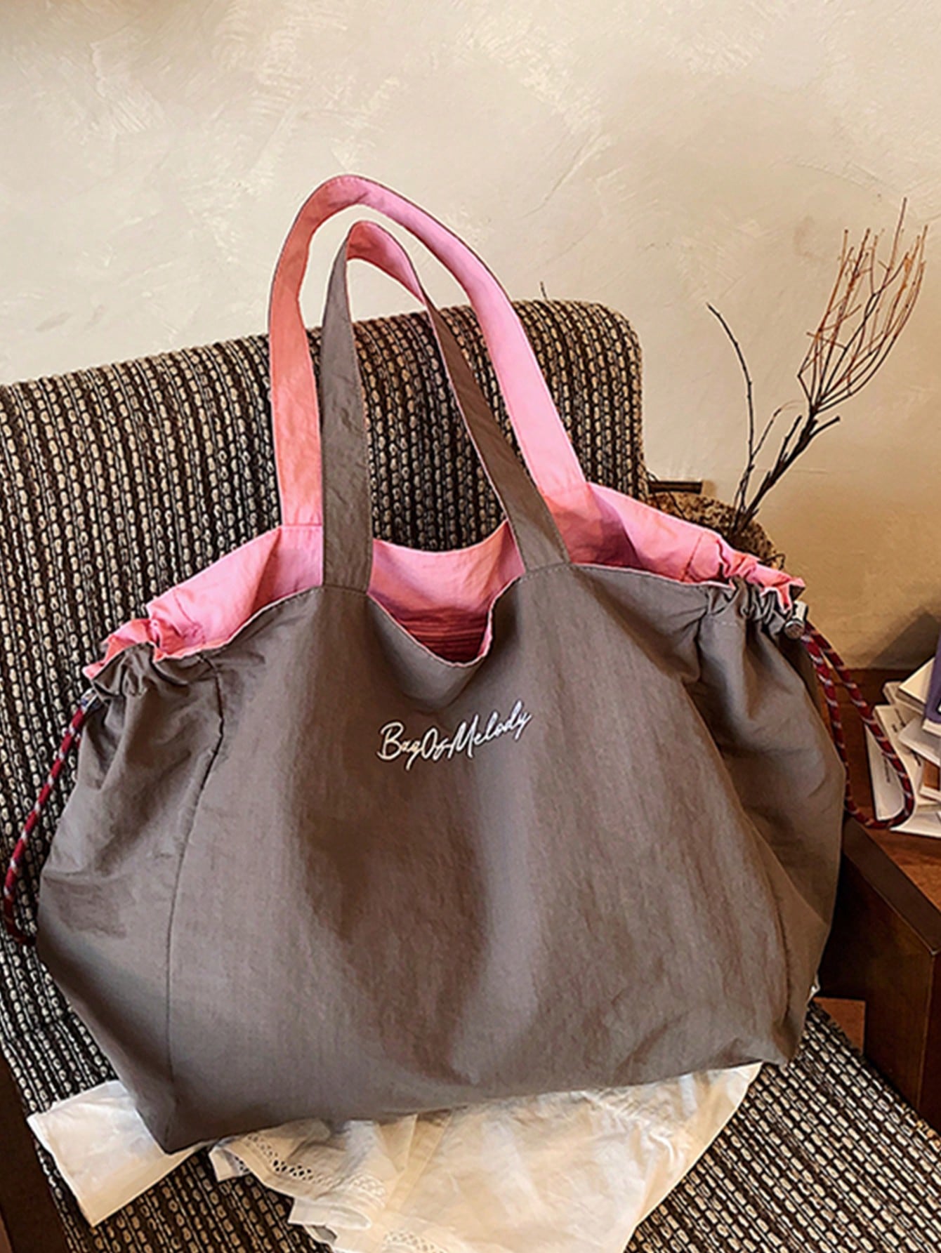 Fashionable Contrast Color Nylon Embroidered Letter Decor Tote Bag, Large Capacity Drawstring Design, Shoulder Bag Canvas Bag, Reversible Use, Japanese Casual Style Women's Commuter Bag, Lightweight F