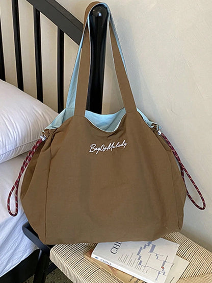 Fashionable Contrast Color Nylon Embroidered Letter Decor Tote Bag, Large Capacity Drawstring Design, Shoulder Bag Canvas Bag, Reversible Use, Japanese Casual Style Women's Commuter Bag, Lightweight F