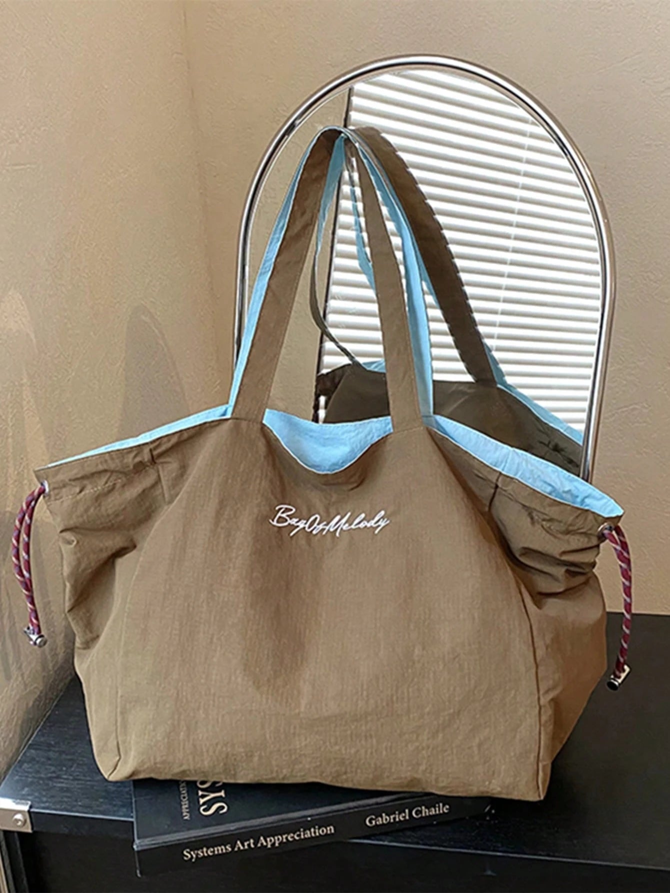 Fashionable Contrast Color Nylon Embroidered Letter Decor Tote Bag, Large Capacity Drawstring Design, Shoulder Bag Canvas Bag, Reversible Use, Japanese Casual Style Women's Commuter Bag, Lightweight F
