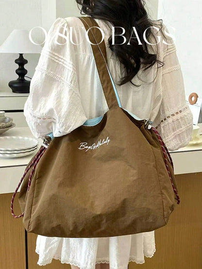 Fashionable Contrast Color Nylon Embroidered Letter Decor Tote Bag, Large Capacity Drawstring Design, Shoulder Bag Canvas Bag, Reversible Use, Japanese Casual Style Women's Commuter Bag, Lightweight F