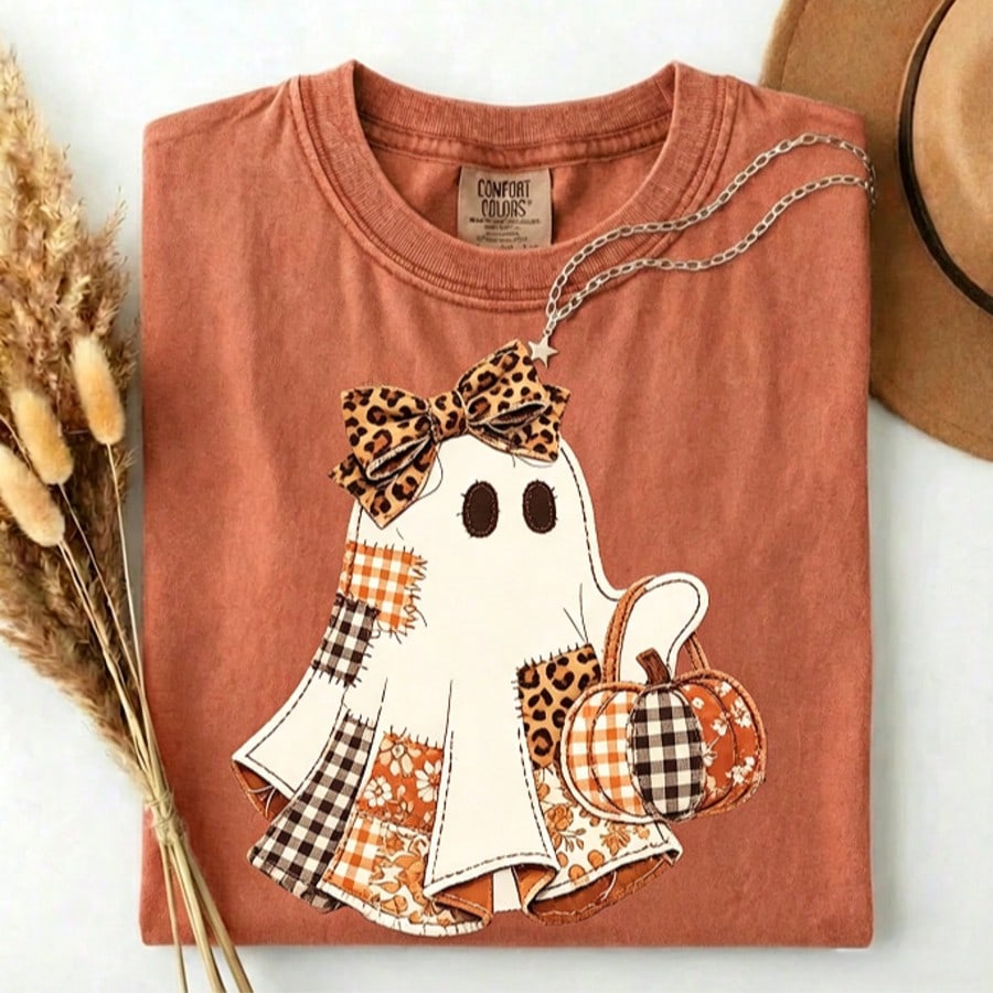Faux Patchwork Ghost Shirt, Coquette Halloween Ghost Tee, Cute Fall Pumpkin Ghost Tshirt, Spooky Season Shirt,Halloween,Back-To-School Season