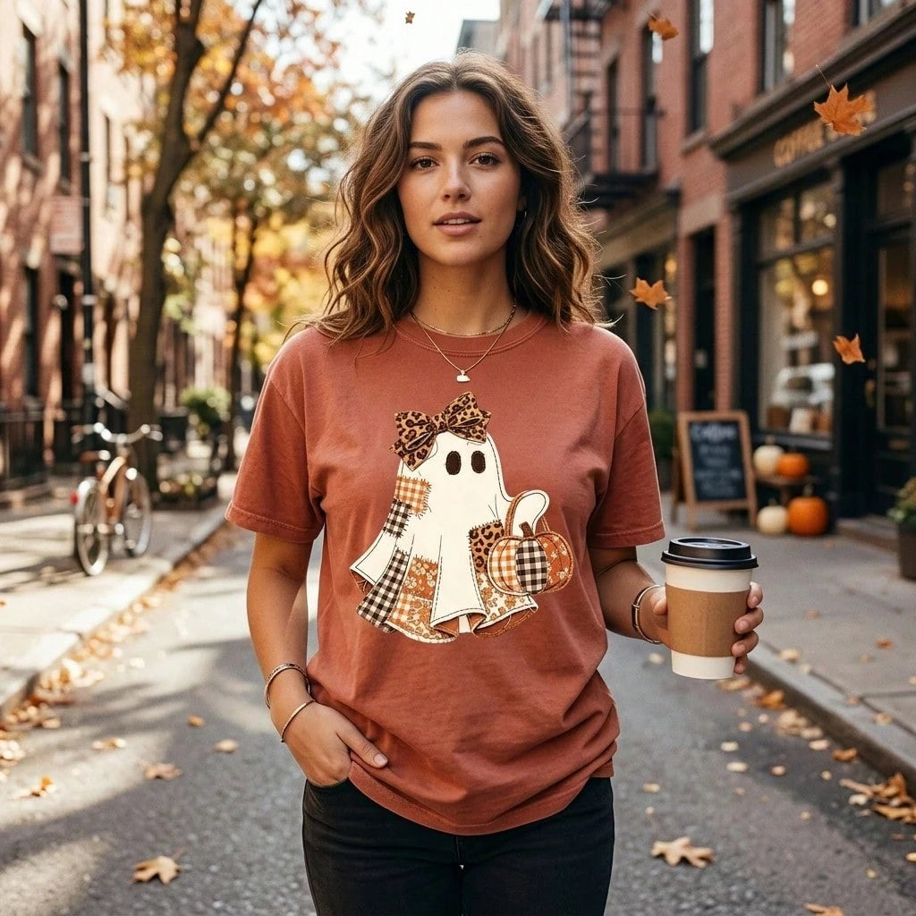 Faux Patchwork Ghost Shirt, Coquette Halloween Ghost Tee, Cute Fall Pumpkin Ghost Tshirt, Spooky Season Shirt,Halloween,Back-To-School Season