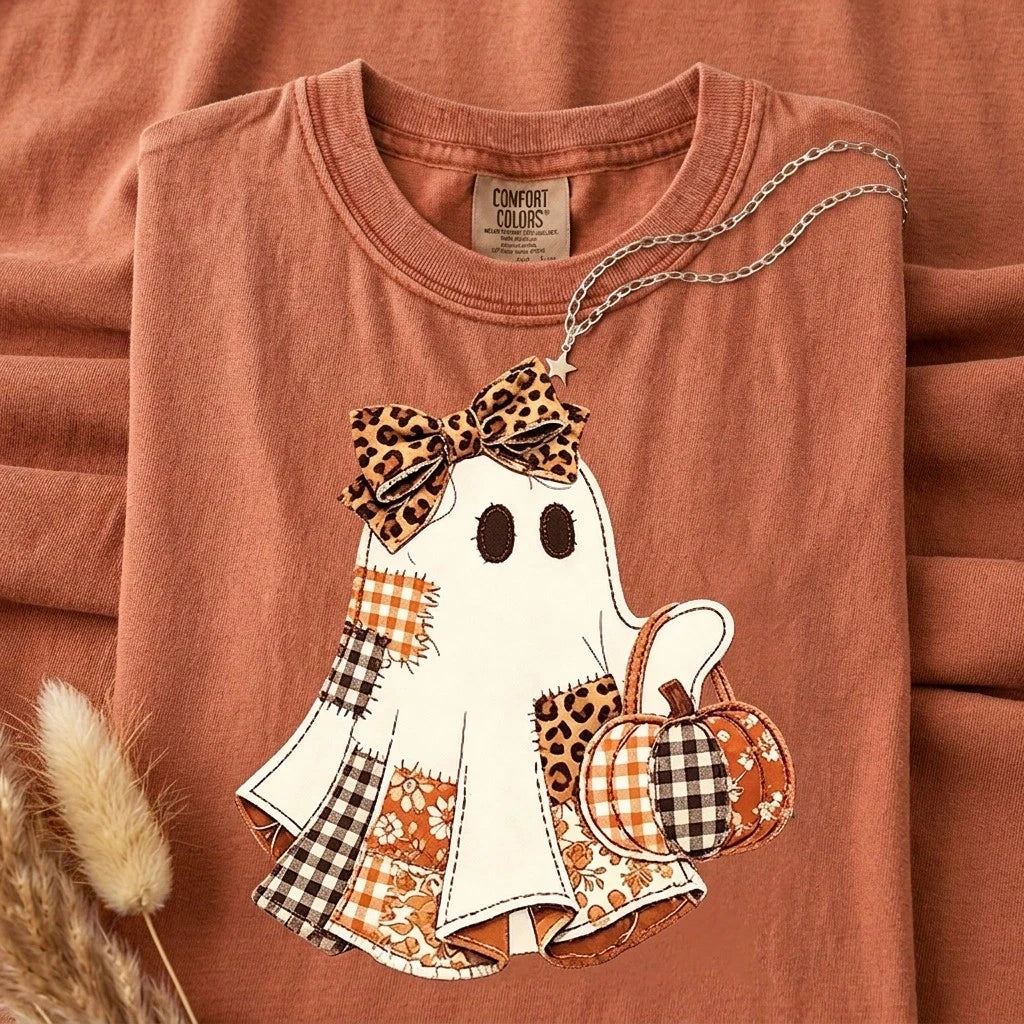 Faux Patchwork Ghost Shirt, Coquette Halloween Ghost Tee, Cute Fall Pumpkin Ghost Tshirt, Spooky Season Shirt,Halloween,Back-To-School Season