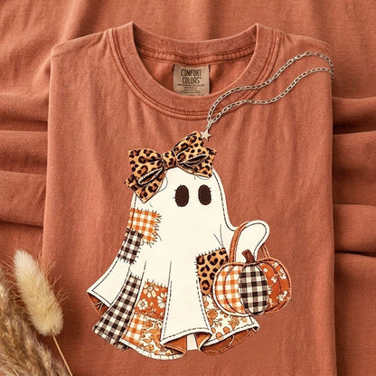 Faux Patchwork Ghost Shirt, Coquette Halloween Ghost Tee, Cute Fall Pumpkin Ghost Tshirt, Spooky Season Shirt,Halloween,Back-To-School Season
