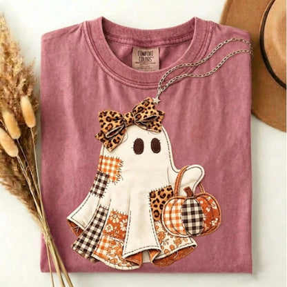 Faux Patchwork Ghost Shirt, Coquette Halloween Ghost Tee, Cute Fall Pumpkin Ghost Tshirt, Spooky Season Shirt,Halloween,Back-To-School Season