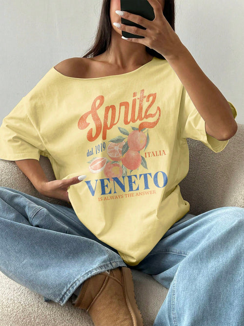 FavEase Plus Size Women Summer Loose Asymmetrical Neck Cocktail Fruit Orange Y2K Graphic Oversized T-Shirt