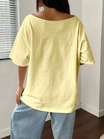 FavEase Plus Size Women Summer Loose Asymmetrical Neck Cocktail Fruit Orange Y2K Graphic Oversized T-Shirt