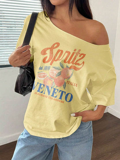 FavEase Plus Size Women Summer Loose Asymmetrical Neck Cocktail Fruit Orange Y2K Graphic Oversized T-Shirt