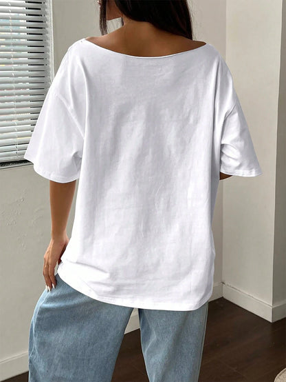 FavEase Plus Size Women Summer Loose Asymmetrical Neck Cocktail Fruit Orange Y2K Graphic Oversized T-Shirt