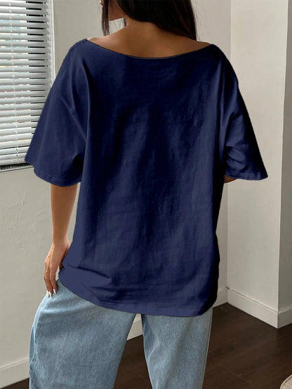 FavEase Plus Size Women Summer Loose Asymmetrical Neck Cocktail Fruit Orange Y2K Graphic Oversized T-Shirt