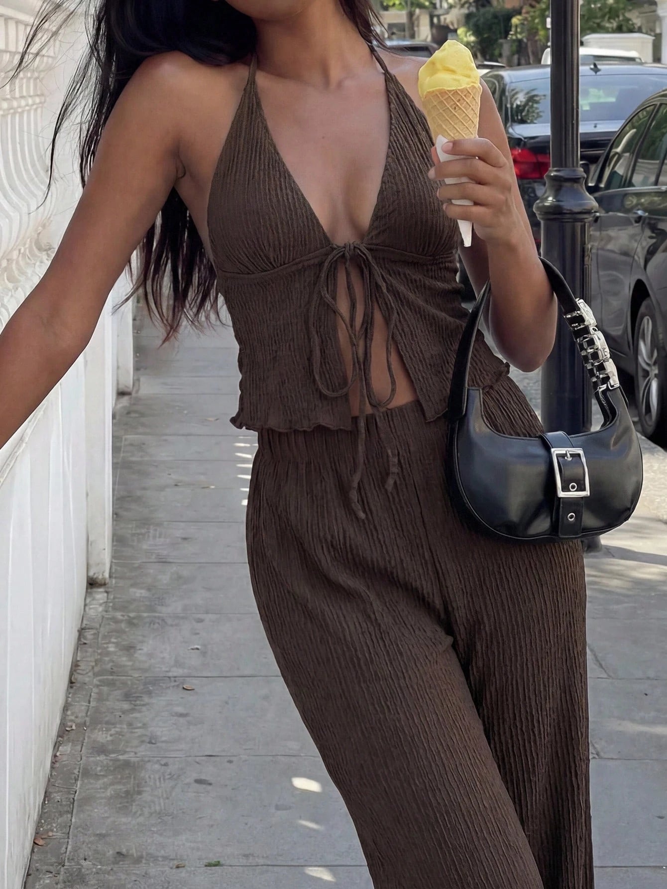 FavEase Women's Sexy Textured Pleated Halter Camisole And Wide Leg Loose Pants Set, Summer