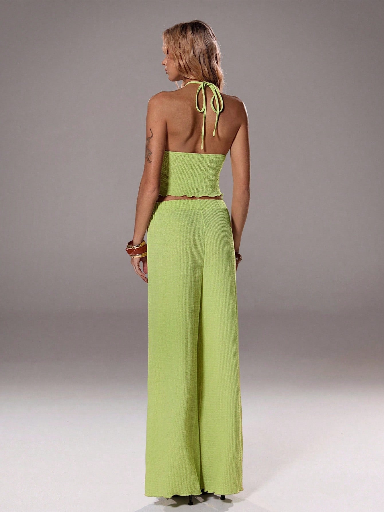 FavEase Women's Sexy Textured Pleated Halter Camisole And Wide Leg Loose Pants Set, Summer