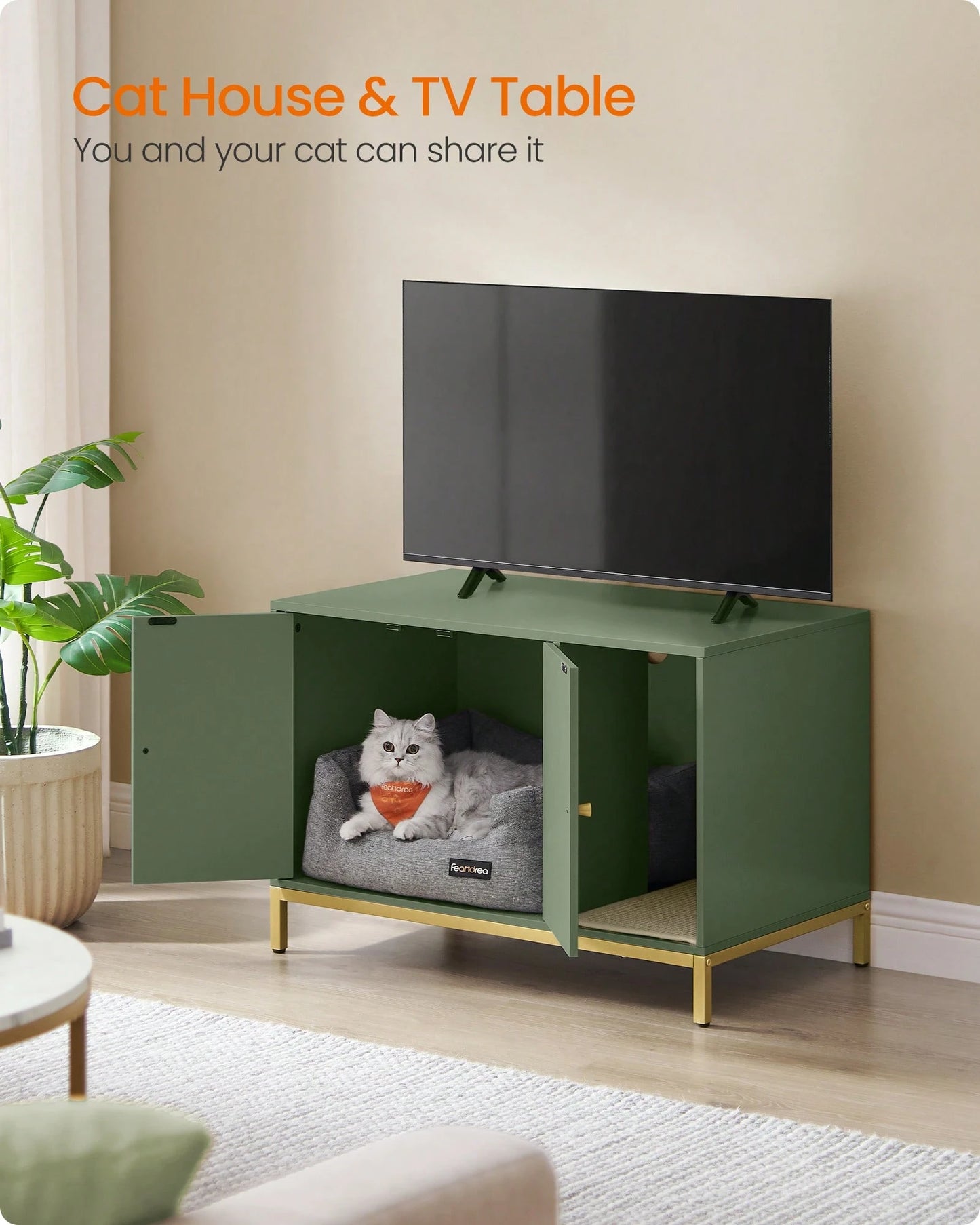 Feandrea Cat Litter Box Enclosure, Hidden Litter Box Furniture With Scratch Pad, Front Entry, Double Cabinet Doors, Modern Style, 31.5" Cat House Washroom Side End Table