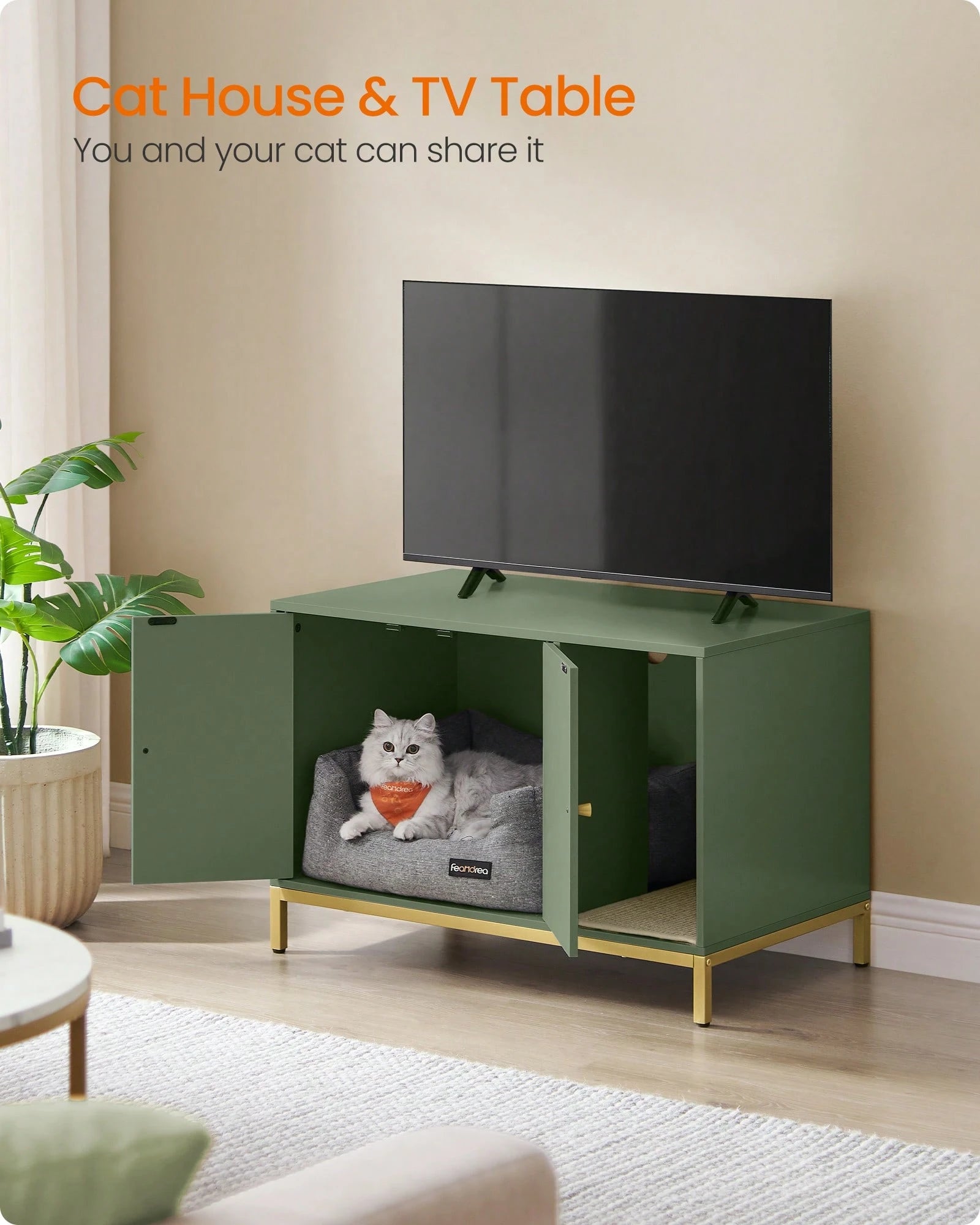 Feandrea Cat Litter Box Enclosure, Hidden Litter Box Furniture With Scratch Pad, Front Entry, Double Cabinet Doors, Modern Style, 31.5" Cat House Washroom Side End Table