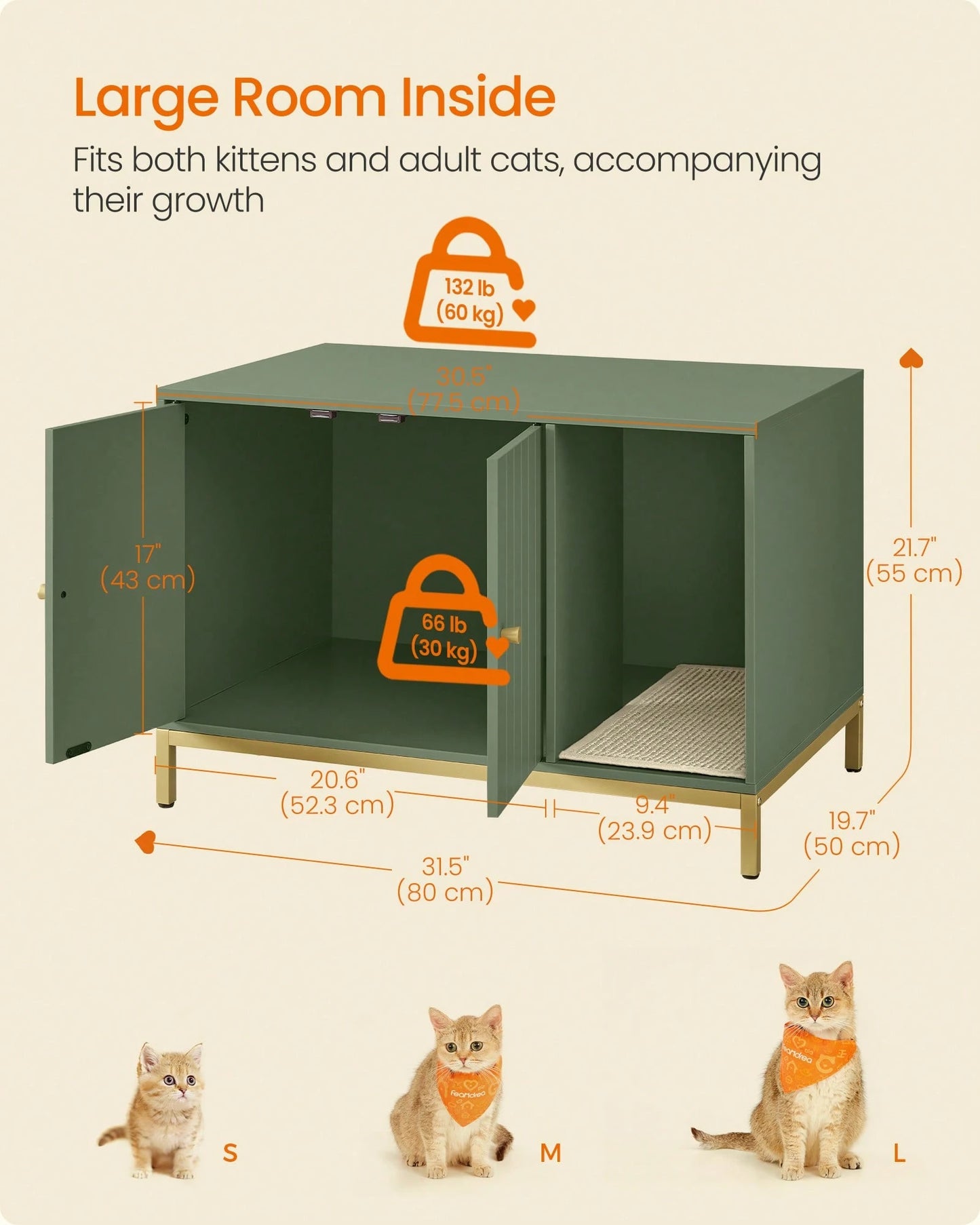 Feandrea Cat Litter Box Enclosure, Hidden Litter Box Furniture With Scratch Pad, Front Entry, Double Cabinet Doors, Modern Style, 31.5" Cat House Washroom Side End Table