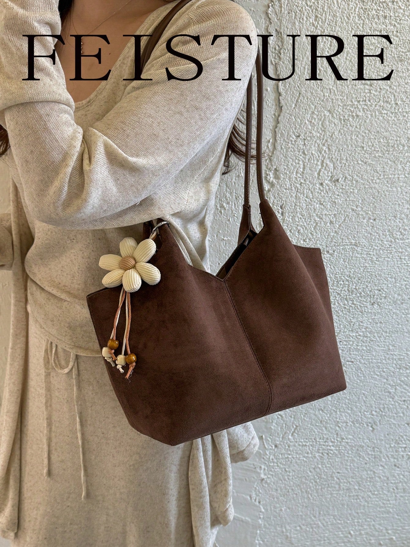 FEISTURE 1pc Solid Color Suede Women's Market Basket Shoulder Bag, Fashionable Commuter Mother-Daughter Tote Bag With Pendant, Suitable For Girls, Women, College Students, New Professionals And White