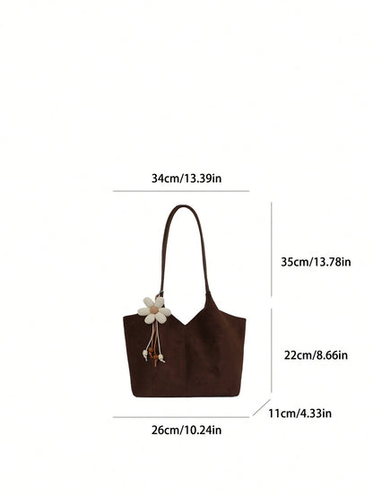 FEISTURE 1pc Solid Color Suede Women's Market Basket Shoulder Bag, Fashionable Commuter Mother-Daughter Tote Bag With Pendant, Suitable For Girls, Women, College Students, New Professionals And White