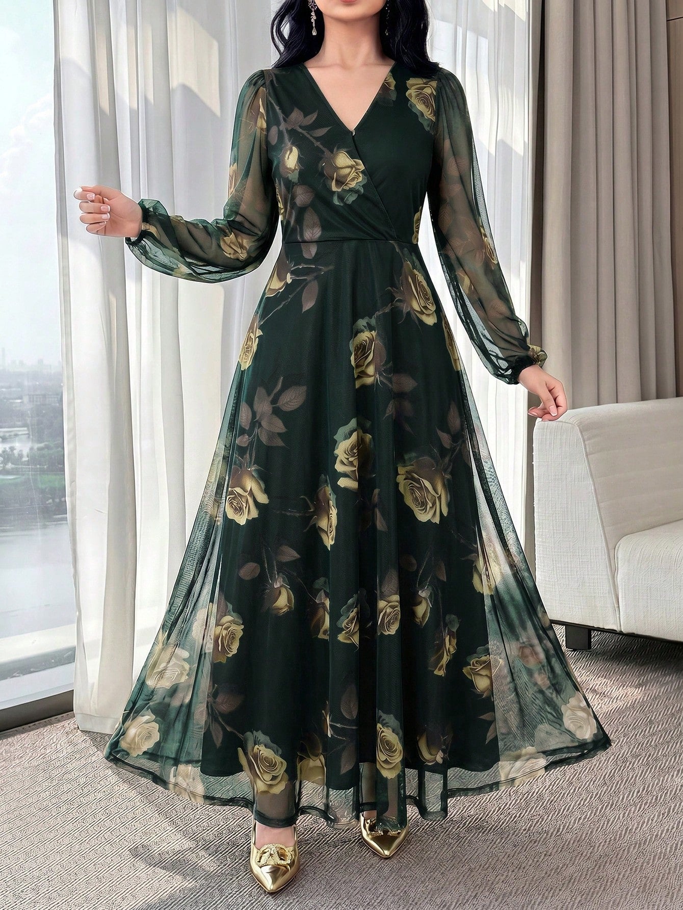 Feyla New Rose Flower Elegant Charming Elegant High-End Cinched Waist Dress For Women
