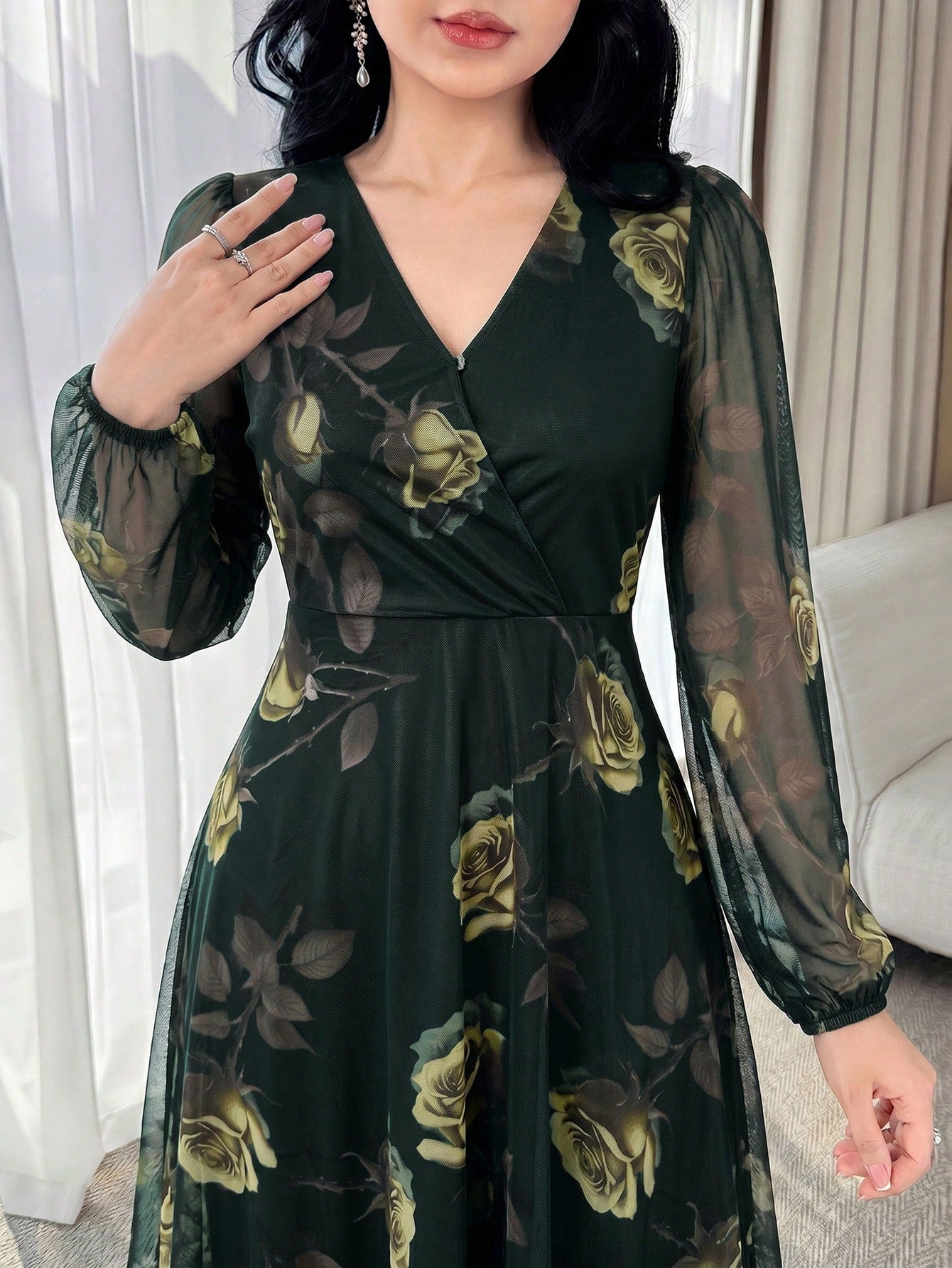Feyla New Rose Flower Elegant Charming Elegant High-End Cinched Waist Dress For Women