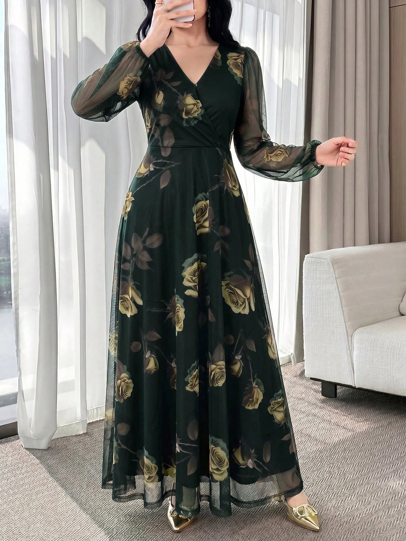 Feyla New Rose Flower Elegant Charming Elegant High-End Cinched Waist Dress For Women
