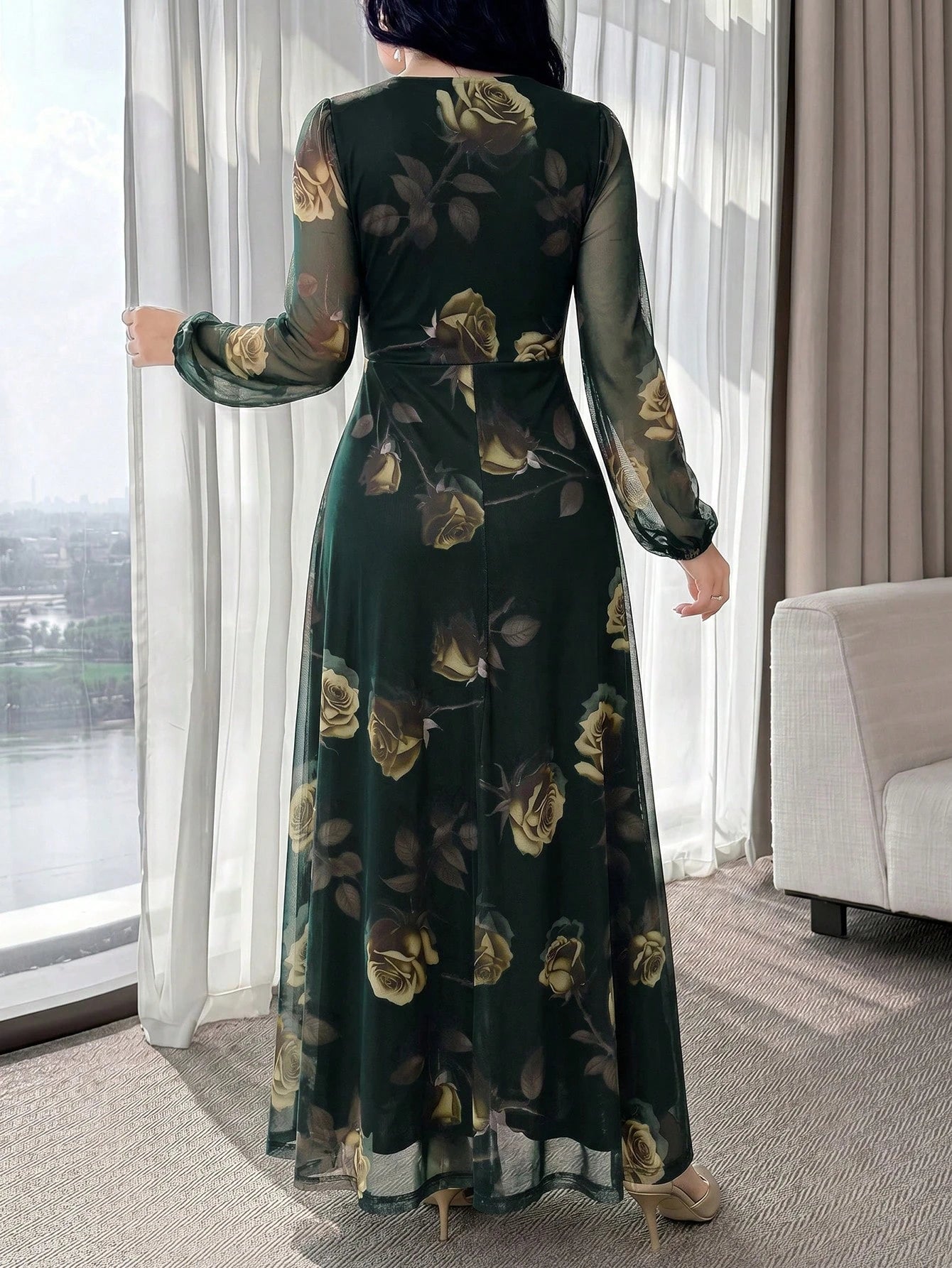 Feyla New Rose Flower Elegant Charming Elegant High-End Cinched Waist Dress For Women