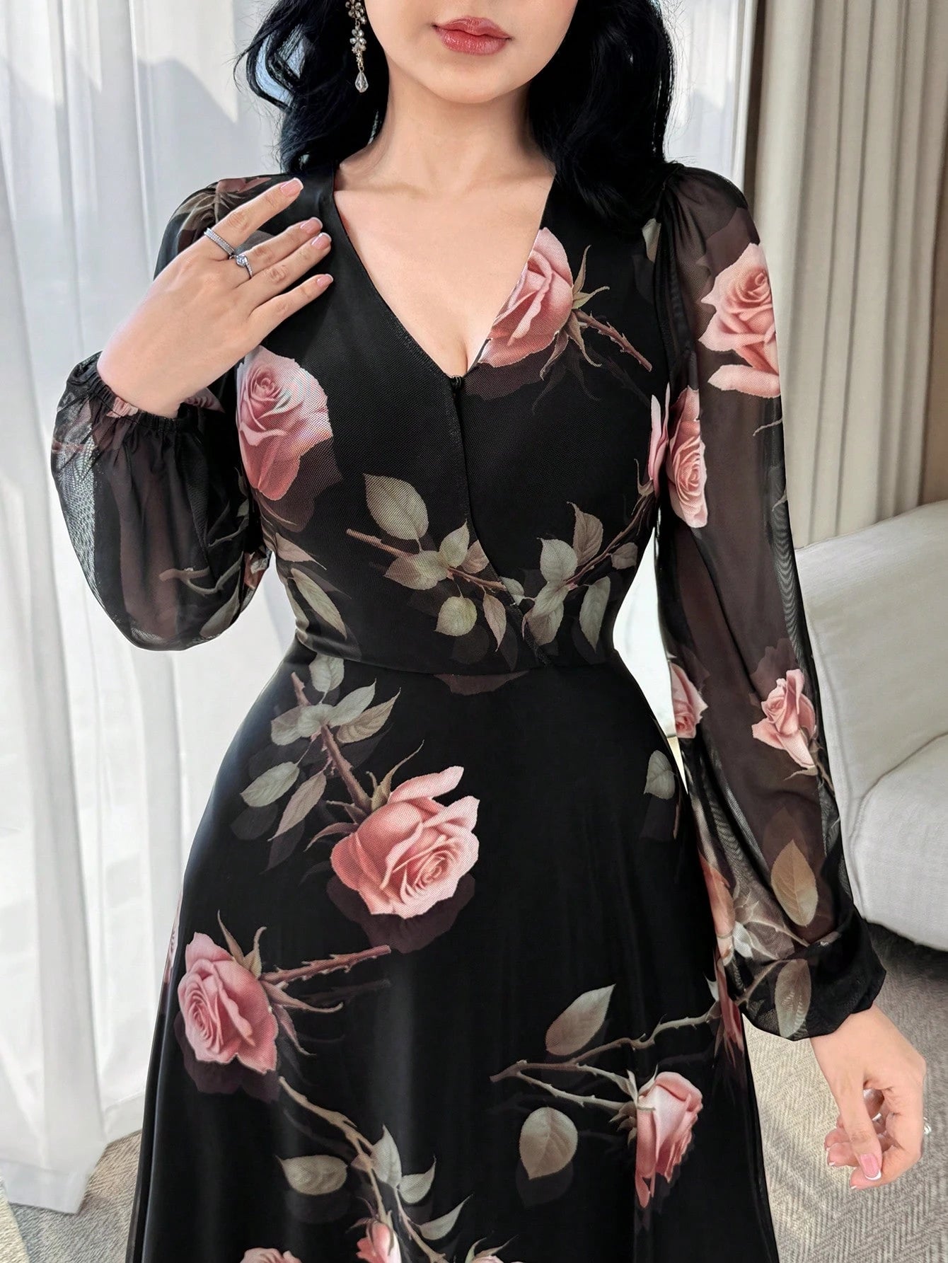 Feyla New Rose Flower Elegant Charming Elegant High-End Cinched Waist Dress For Women