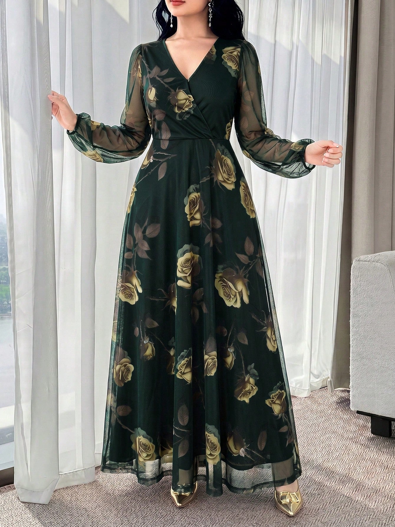 Feyla New Rose Flower Elegant Charming Elegant High-End Cinched Waist Dress For Women