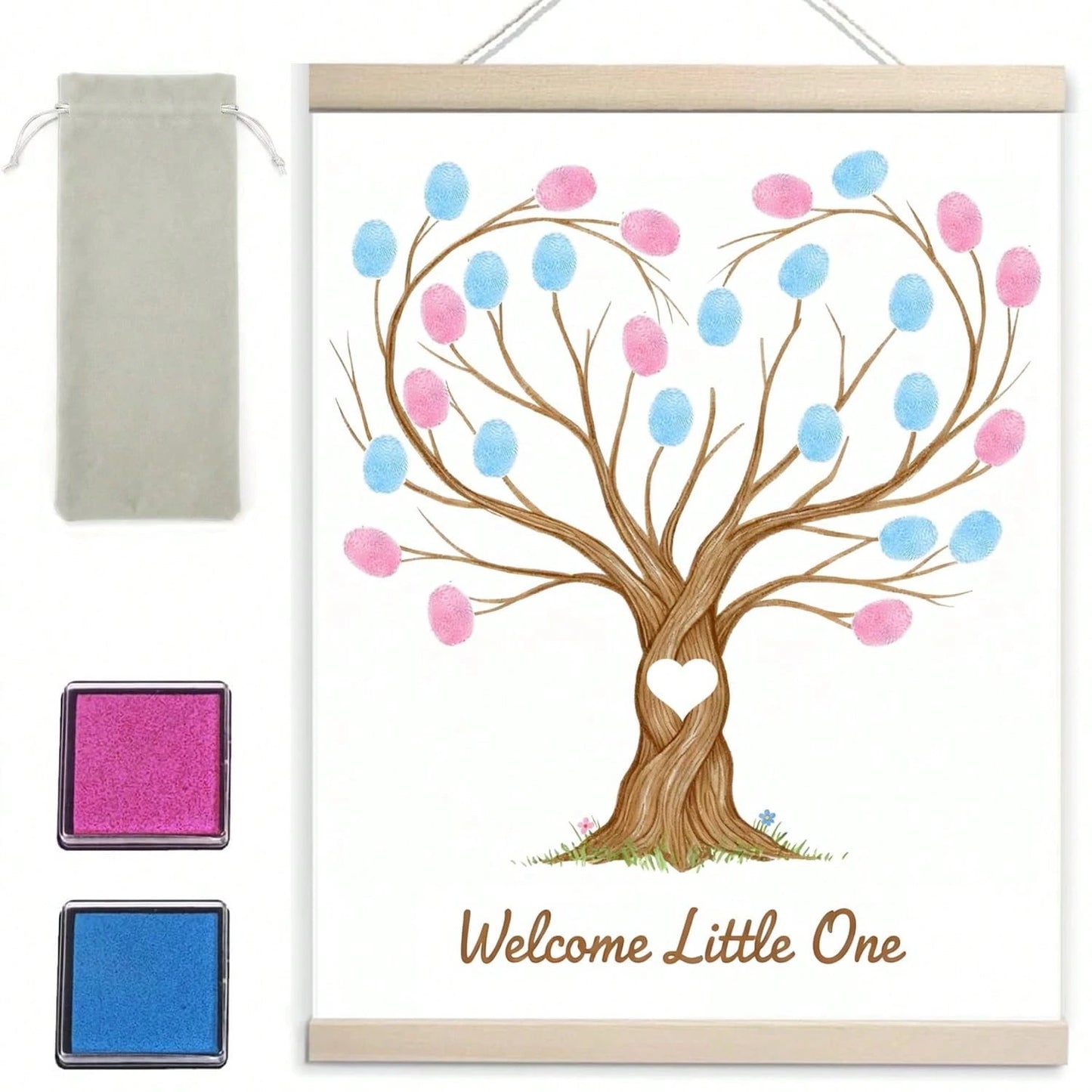 Fingerprint Tree Canvas Guestbook For Gender Reveal Decorations 12x15 In Party Sign-In Keepsake Wall Art Pink & Blue Ink Pads Included Plush Storage Bag Baby Shower Guest Book