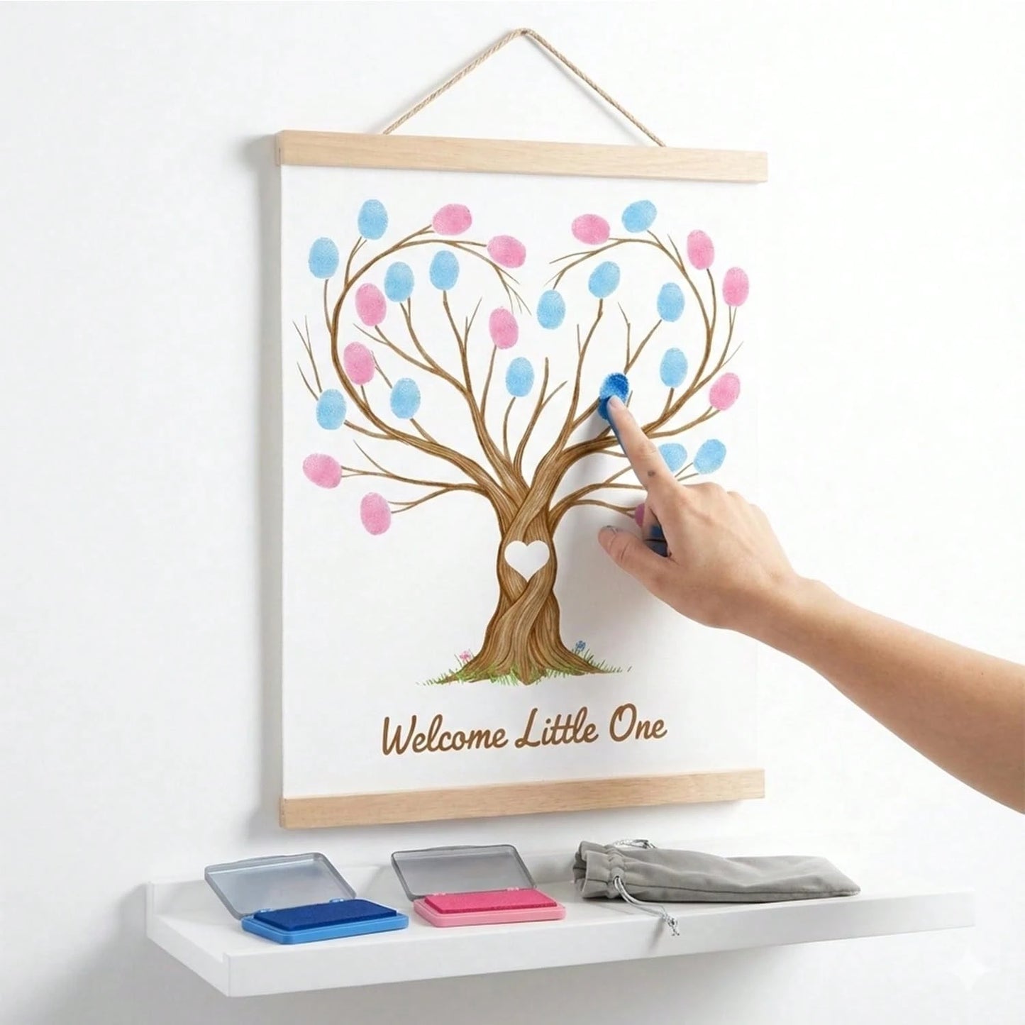 Fingerprint Tree Canvas Guestbook For Gender Reveal Decorations 12x15 In Party Sign-In Keepsake Wall Art Pink & Blue Ink Pads Included Plush Storage Bag Baby Shower Guest Book