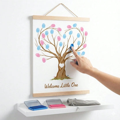 Fingerprint Tree Canvas Guestbook For Gender Reveal Decorations 12x15 In Party Sign-In Keepsake Wall Art Pink & Blue Ink Pads Included Plush Storage Bag Baby Shower Guest Book