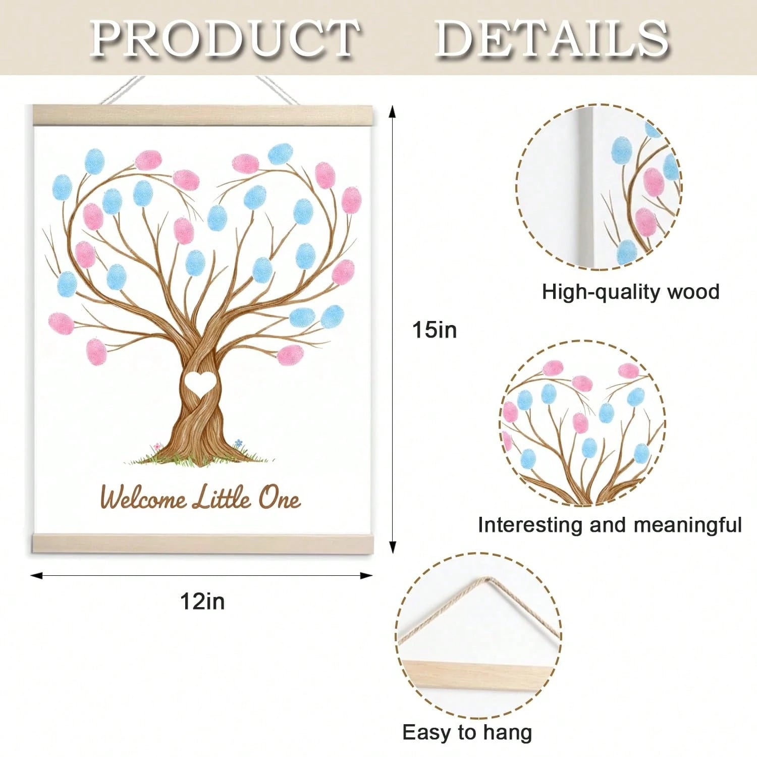 Fingerprint Tree Canvas Guestbook For Gender Reveal Decorations 12x15 In Party Sign-In Keepsake Wall Art Pink & Blue Ink Pads Included Plush Storage Bag Baby Shower Guest Book