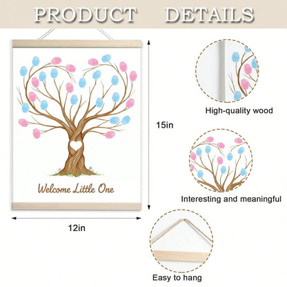 Fingerprint Tree Canvas Guestbook For Gender Reveal Decorations 12x15 In Party Sign-In Keepsake Wall Art Pink & Blue Ink Pads Included Plush Storage Bag Baby Shower Guest Book
