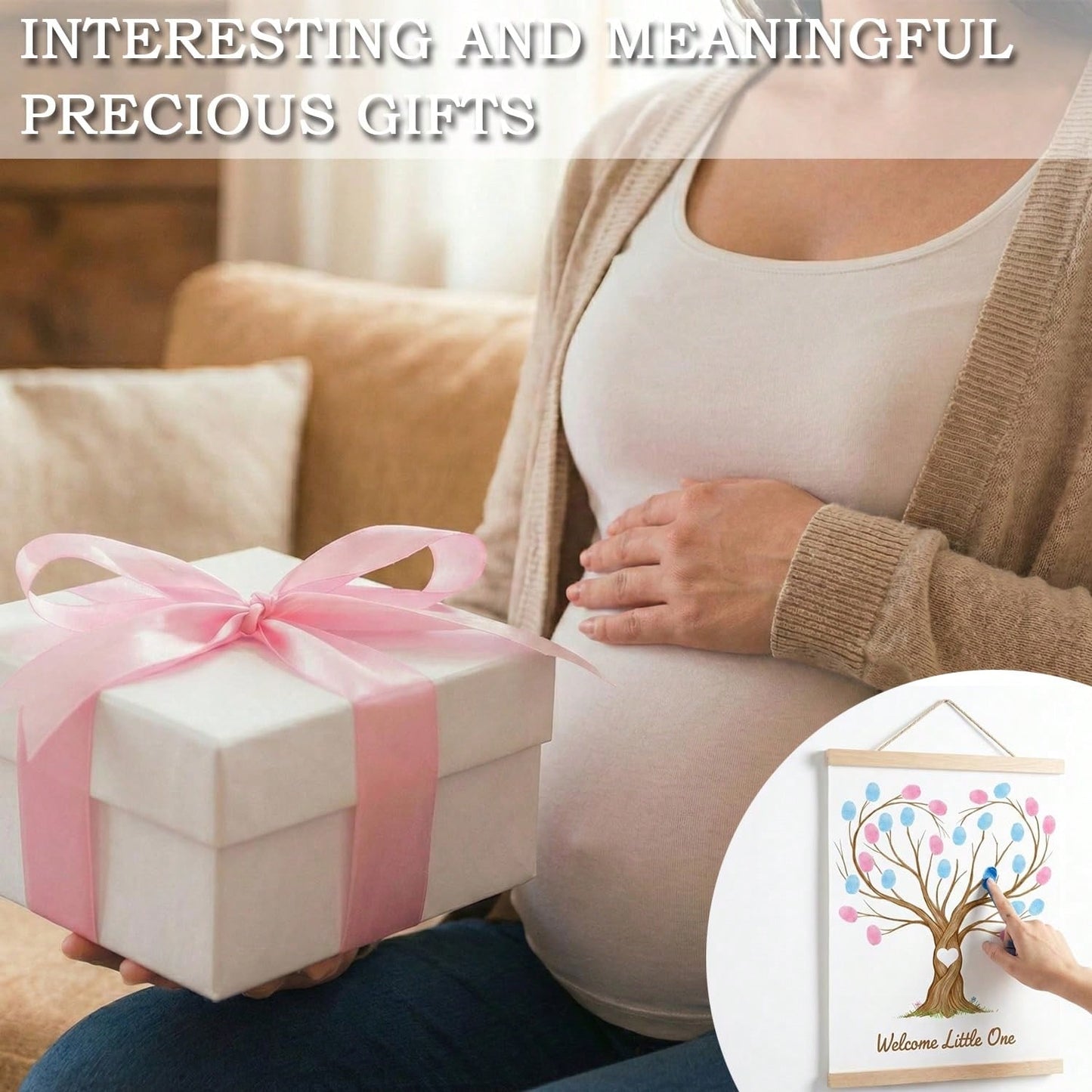 Fingerprint Tree Canvas Guestbook For Gender Reveal Decorations 12x15 In Party Sign-In Keepsake Wall Art Pink & Blue Ink Pads Included Plush Storage Bag Baby Shower Guest Book