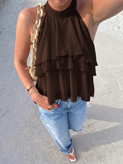 Firerie Elegant Dark Brown Loose Neck Ruffle Asymmetrical Chiffon Blouse Ruffled Top For Summer Banquet, Wedding Guest, Quiet Luxury
