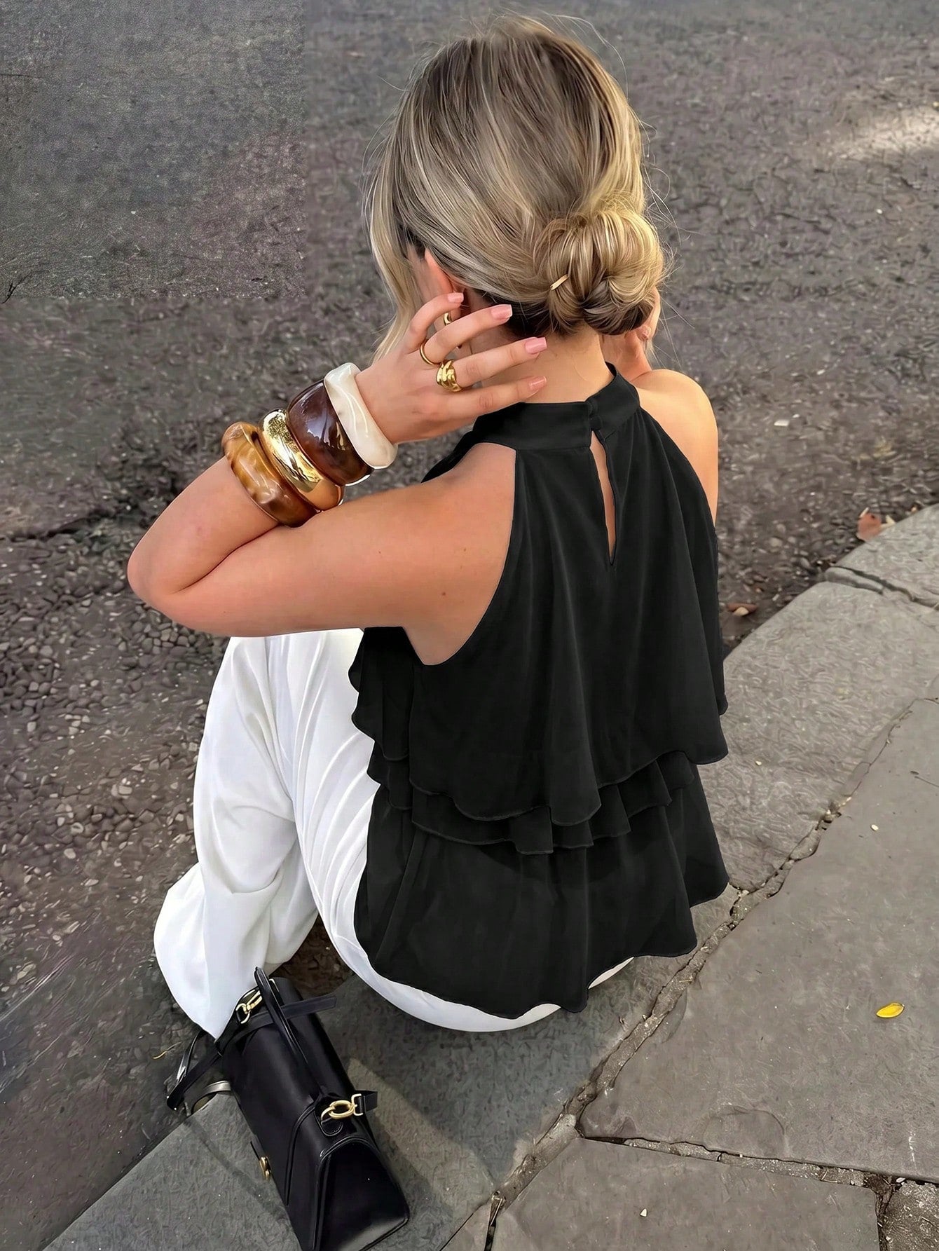 Firerie Loose Fit Neck Tie Ruffle Hem Asymmetrical Chiffon Blouse Vacation Top, Holiday Blouse, Camisole Summer Black