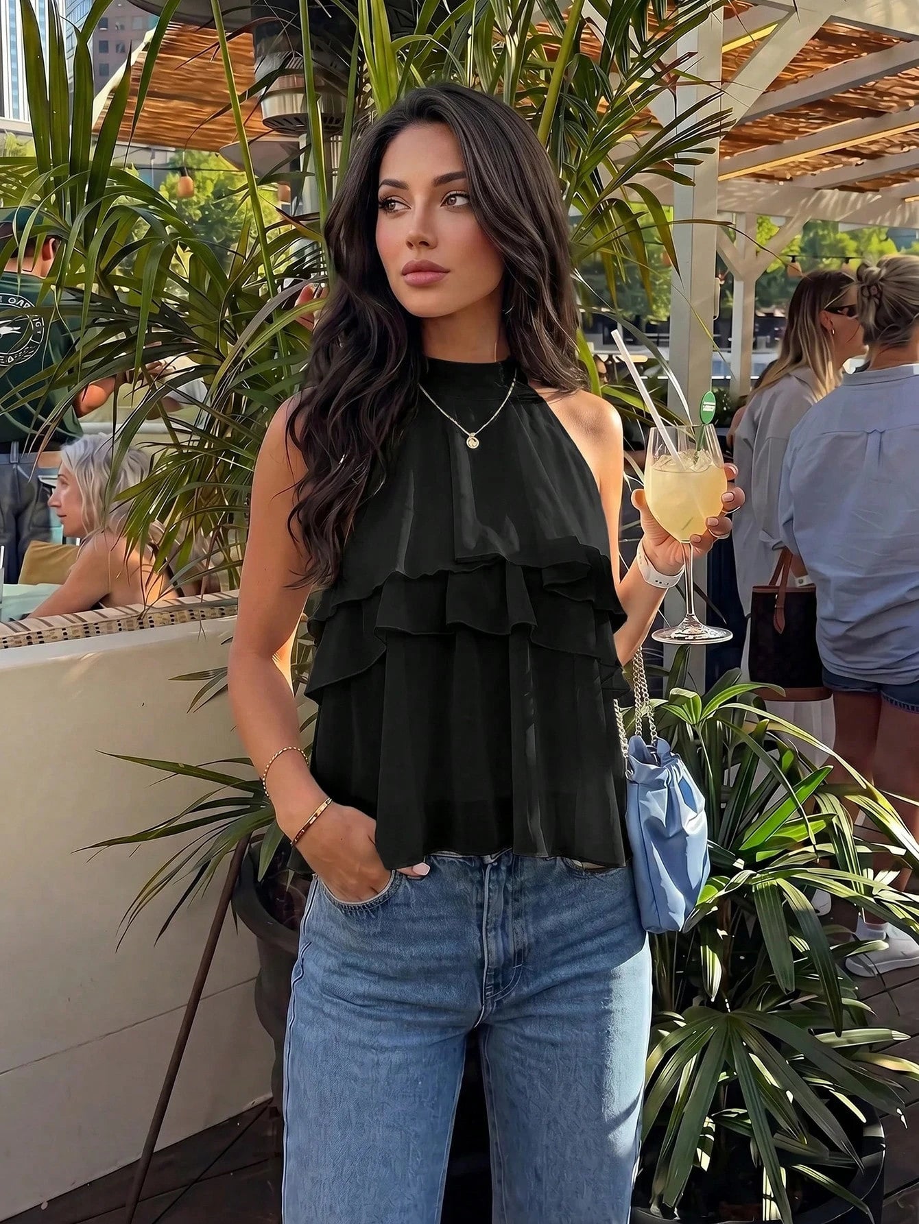 Firerie Loose Fit Neck Tie Ruffle Hem Asymmetrical Chiffon Blouse Vacation Top, Holiday Blouse, Camisole Summer Black