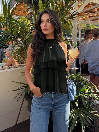 Firerie Loose Fit Neck Tie Ruffle Hem Asymmetrical Chiffon Blouse Vacation Top, Holiday Blouse, Camisole Summer Black