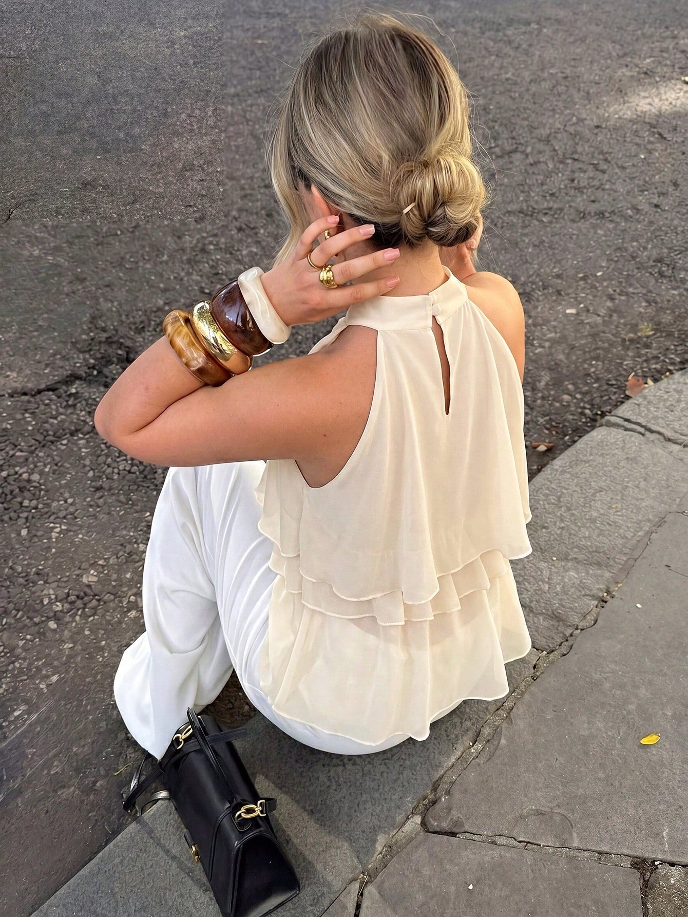 Firerie Loose Fit Neck Tie Ruffle Hem Asymmetrical Chiffon Blouse Vacation Top, Holiday Blouse, Camisole Summer Black