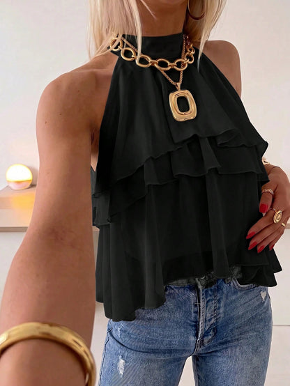 Firerie Loose Fit Neck Tie Ruffle Hem Asymmetrical Chiffon Blouse Vacation Top, Holiday Blouse, Camisole Summer Black